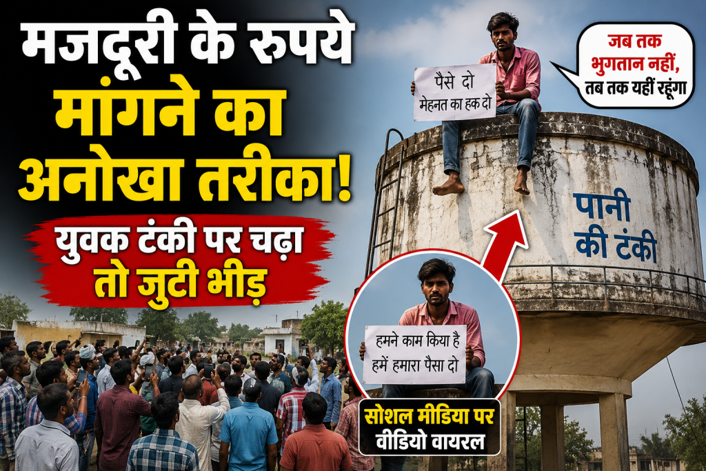 मजदूरी के रुपये मांगने का अनोखा तरीका, युवक टंकी पर चढ़ा तो जुटी भीड़